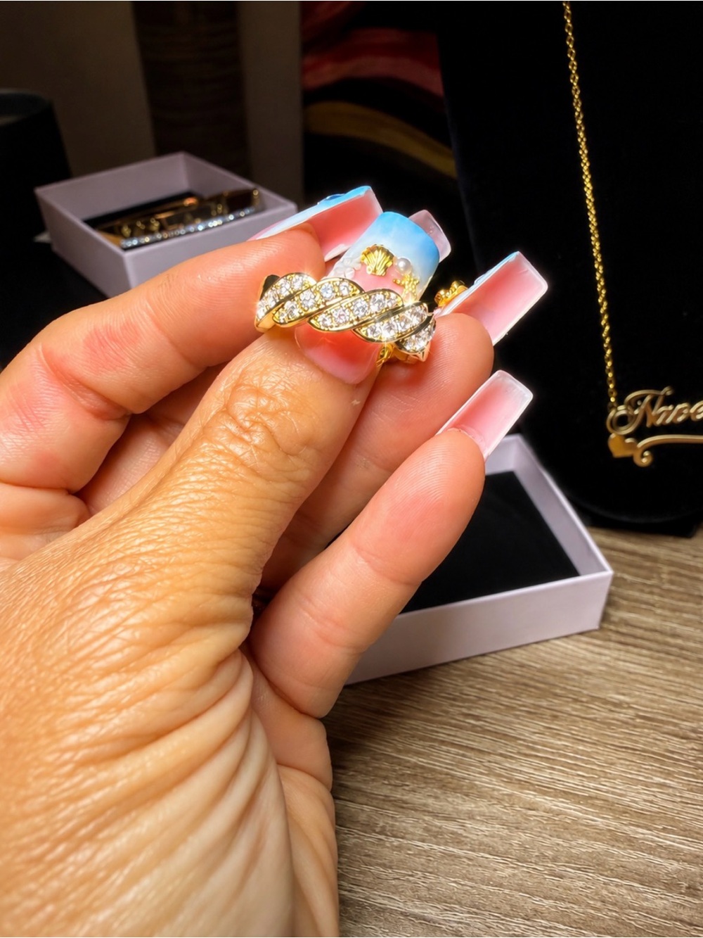 Gold-Tone Geometric Leaf Zircon Ring size 9